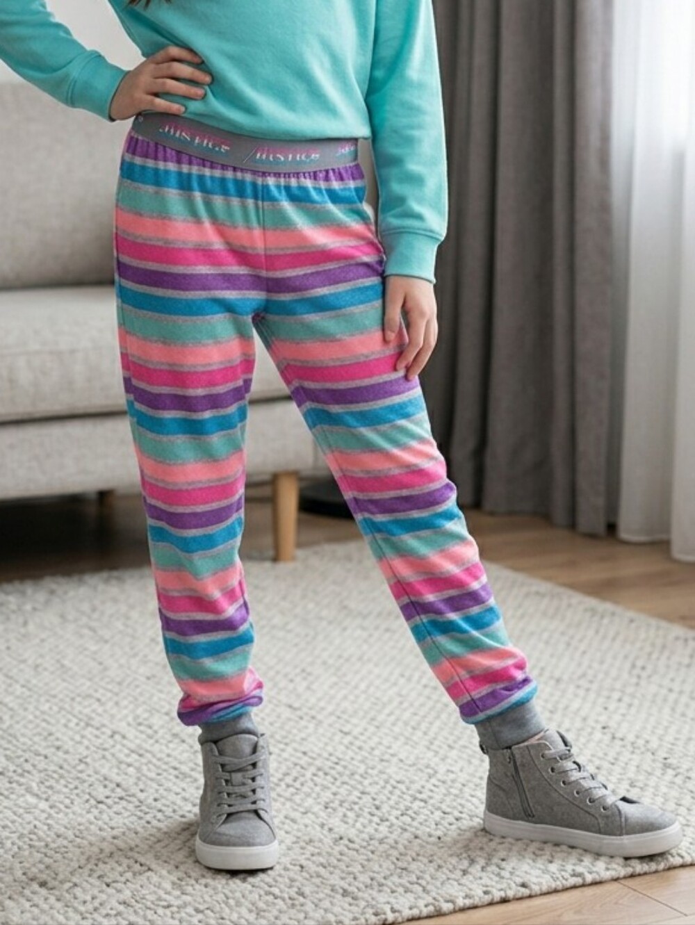 Justice Girls Rainbow Stripe Plush Fleece Pajama Jogger Pants Gray Size 8 Comfy